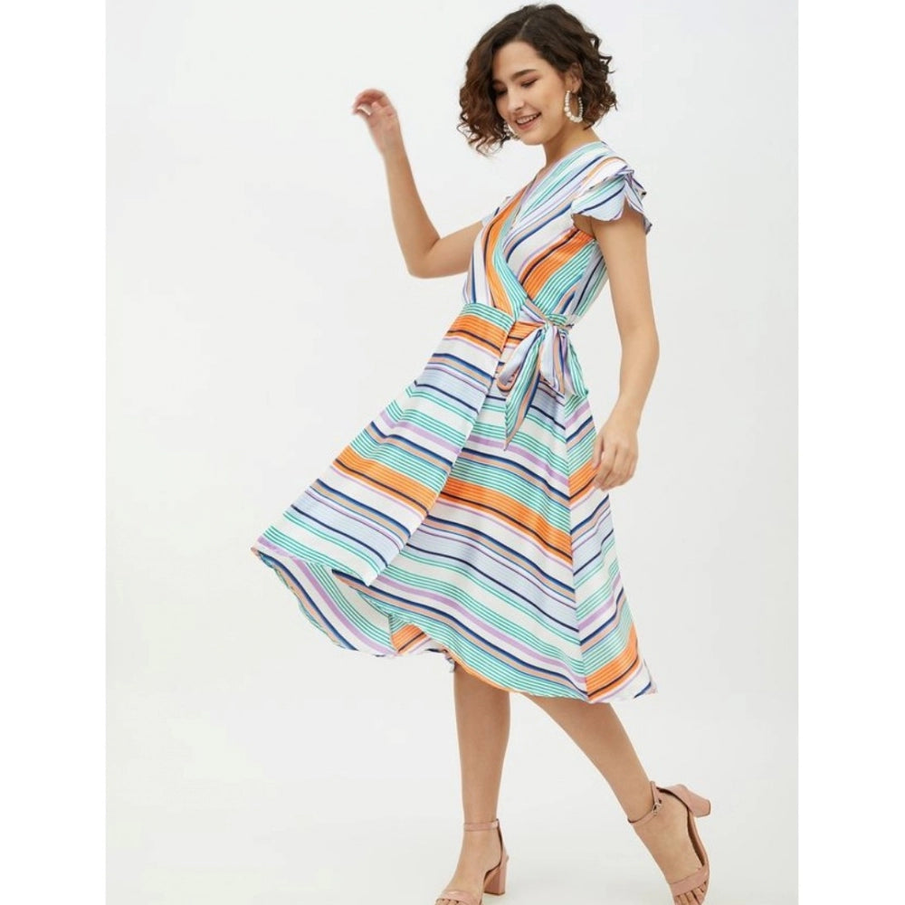 Vaystra Satin Striped Short Sleeve Knee-Length Dress – Multicolor