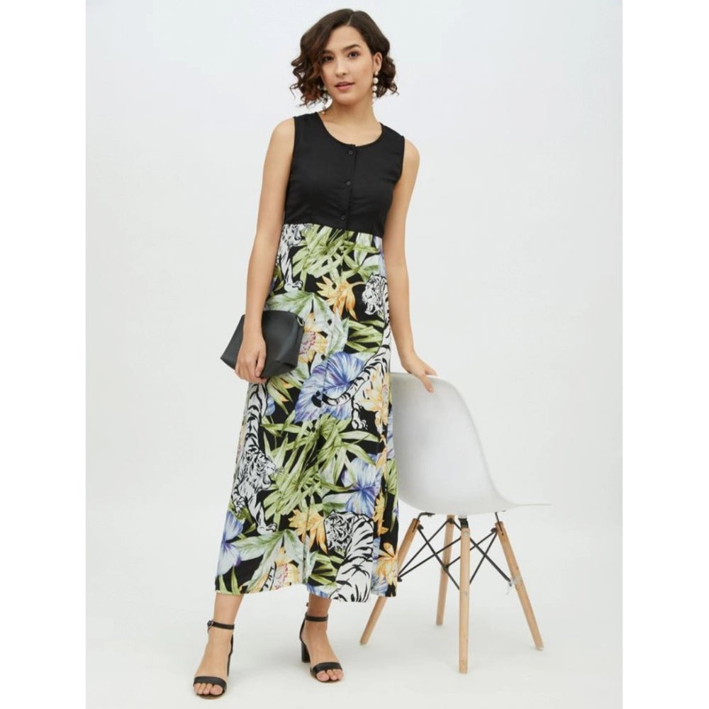 Vaystra Rayon Floral Sleeveless Calf-length Dress – Multicolor
