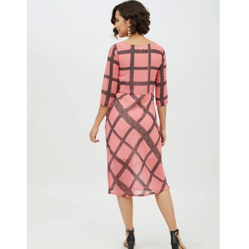 Vaystra Polyester Checkered 3-4th Sleeves Below Knee Dress – Pink