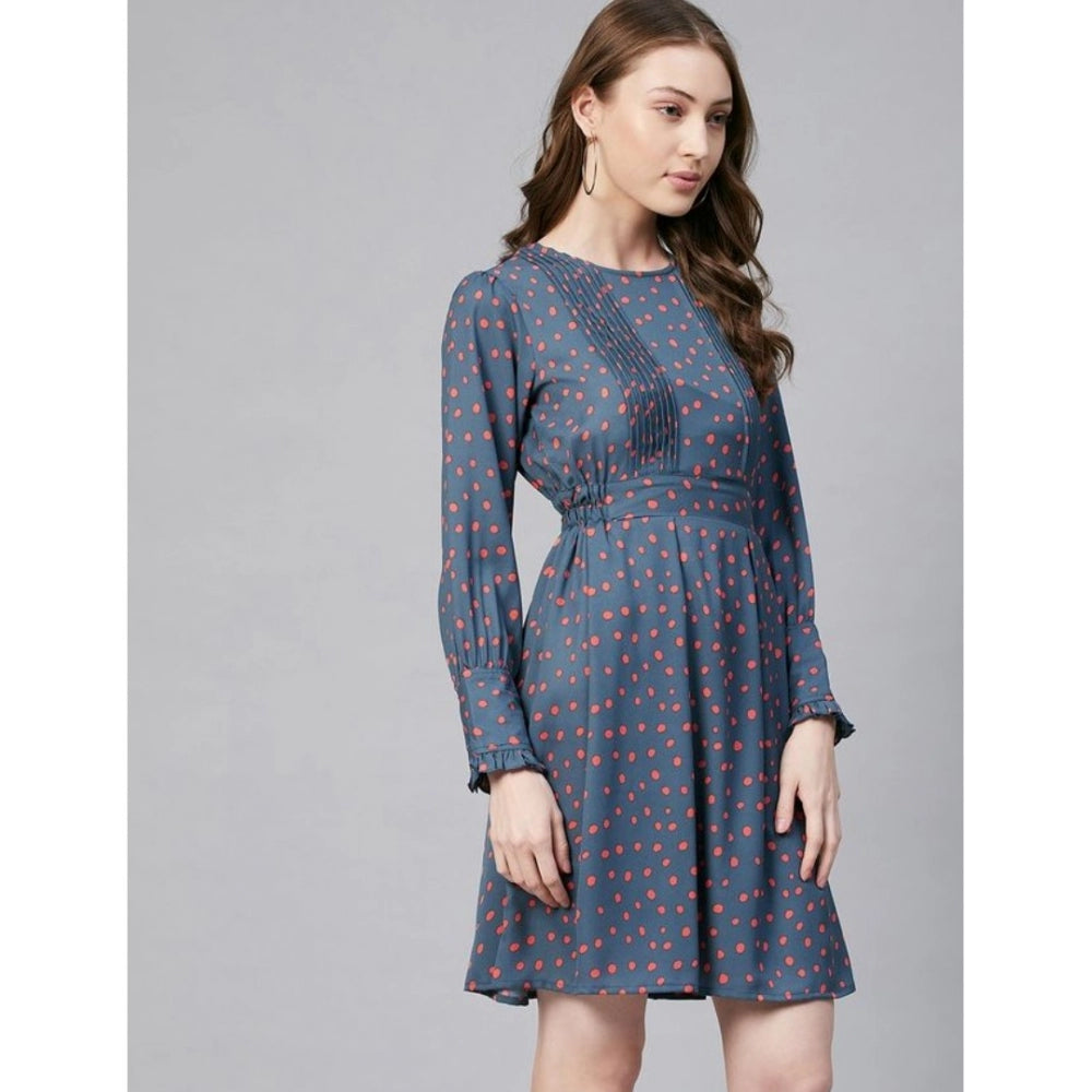 Vaystra Polyester Polka Long Sleeves Above Knee Dress – Grey & Coral