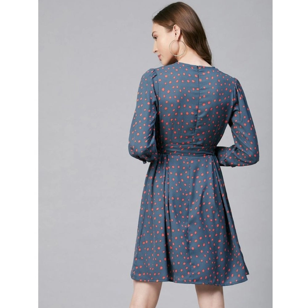 Vaystra Polyester Polka Long Sleeves Above Knee Dress – Grey & Coral