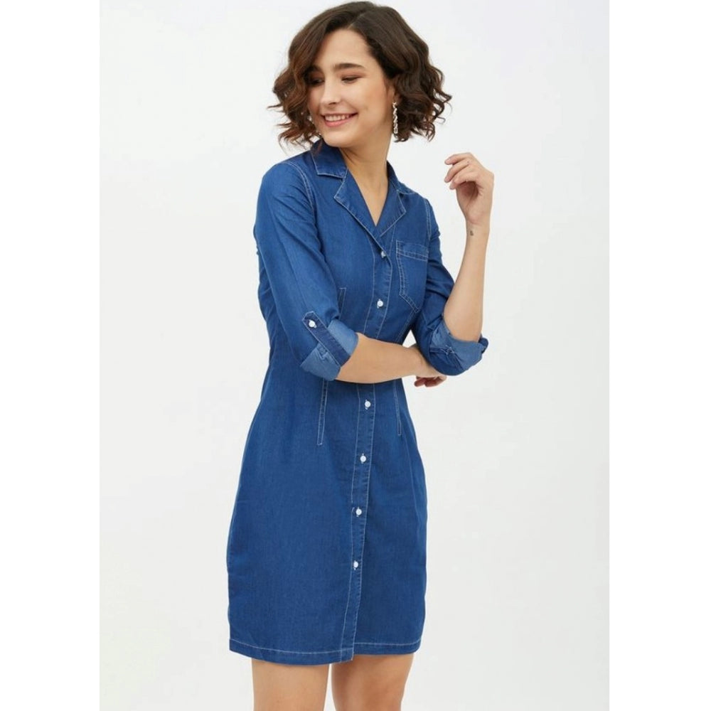 Vaystra Denim Solid Long Sleeves Above Knee Dress – Blue