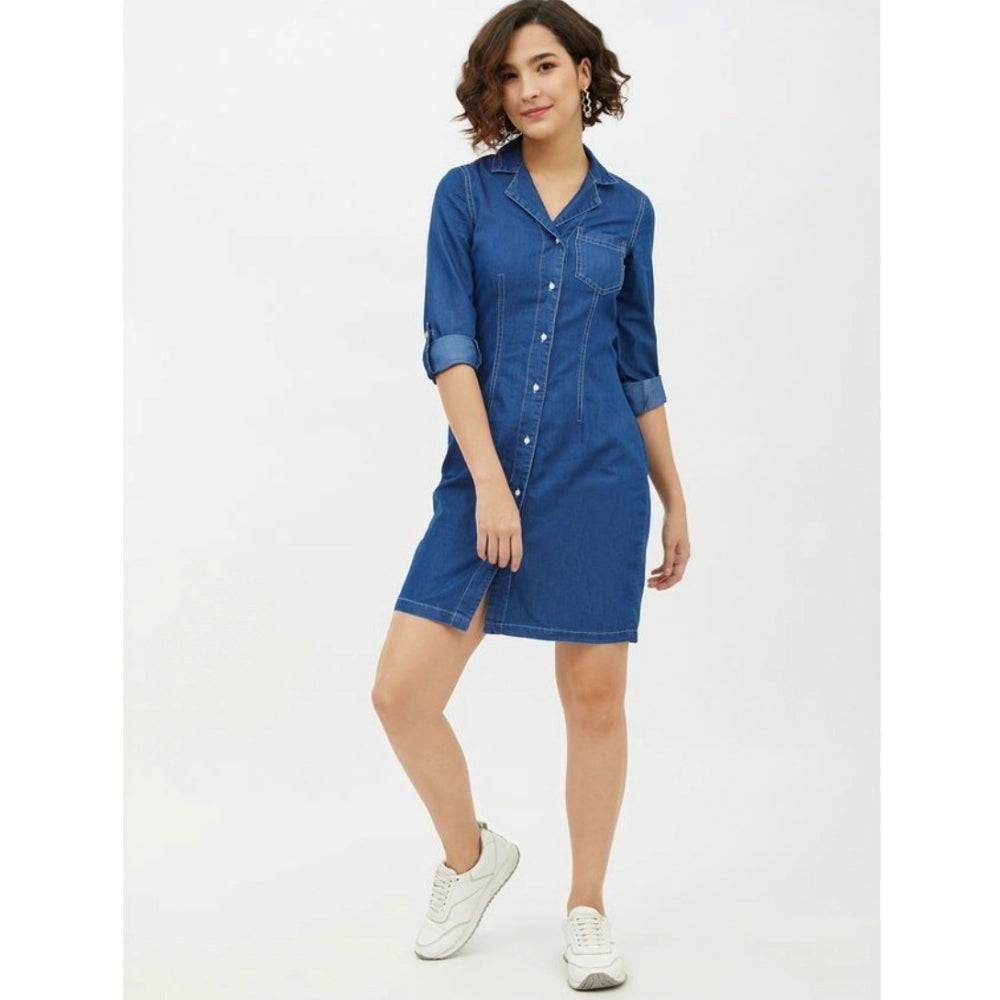 Vaystra Denim Solid Long Sleeves Above Knee Dress – Blue