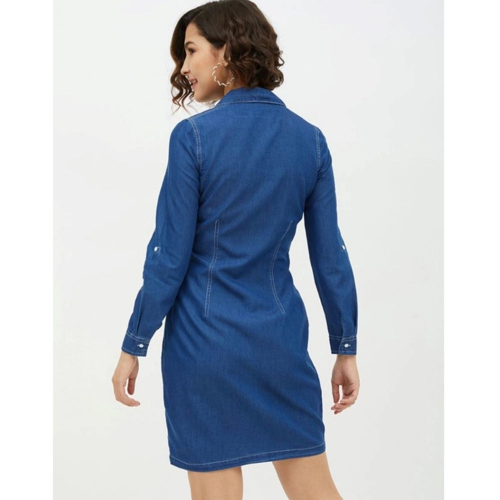 Vaystra Denim Solid Long Sleeves Above Knee Dress – Blue