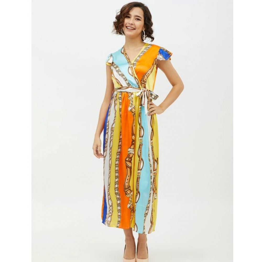 Vaystra Satin Chain Print Cap Sleeve Calf-length Dress – Multicolor