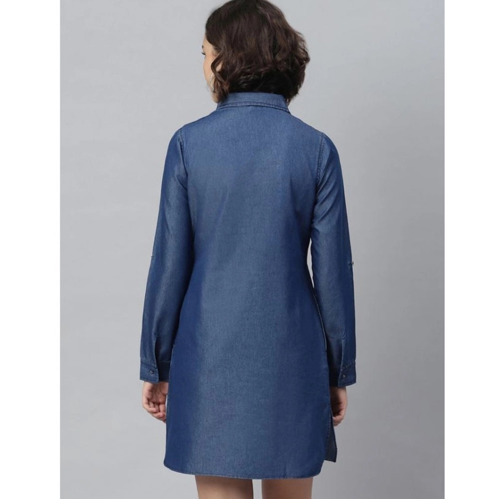 Vaystra Denim Solid Long Sleeves Above Knee Dress – Navy Blue