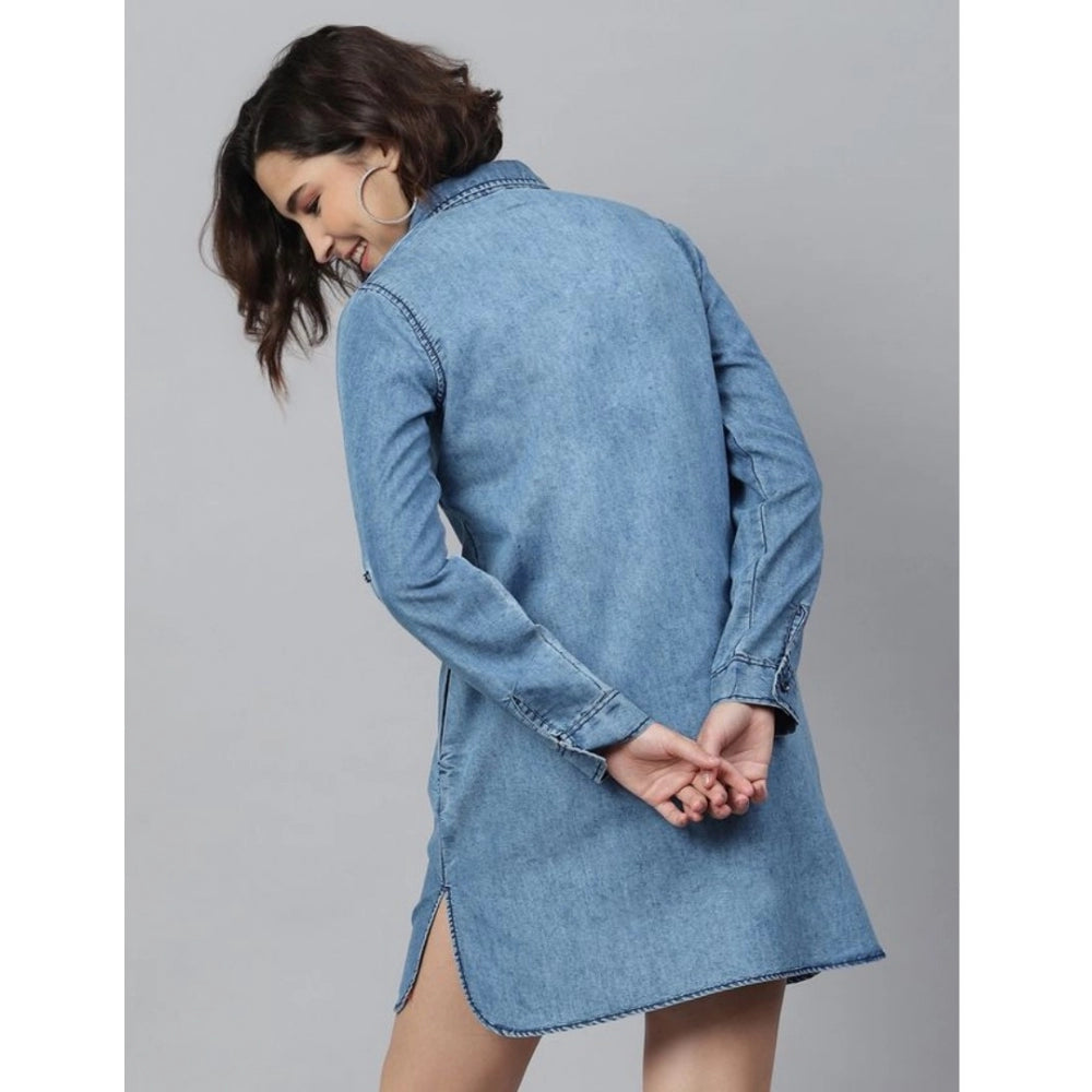 Vaystra Denim Solid Long Sleeves Above Knee Dress – Ice Blue