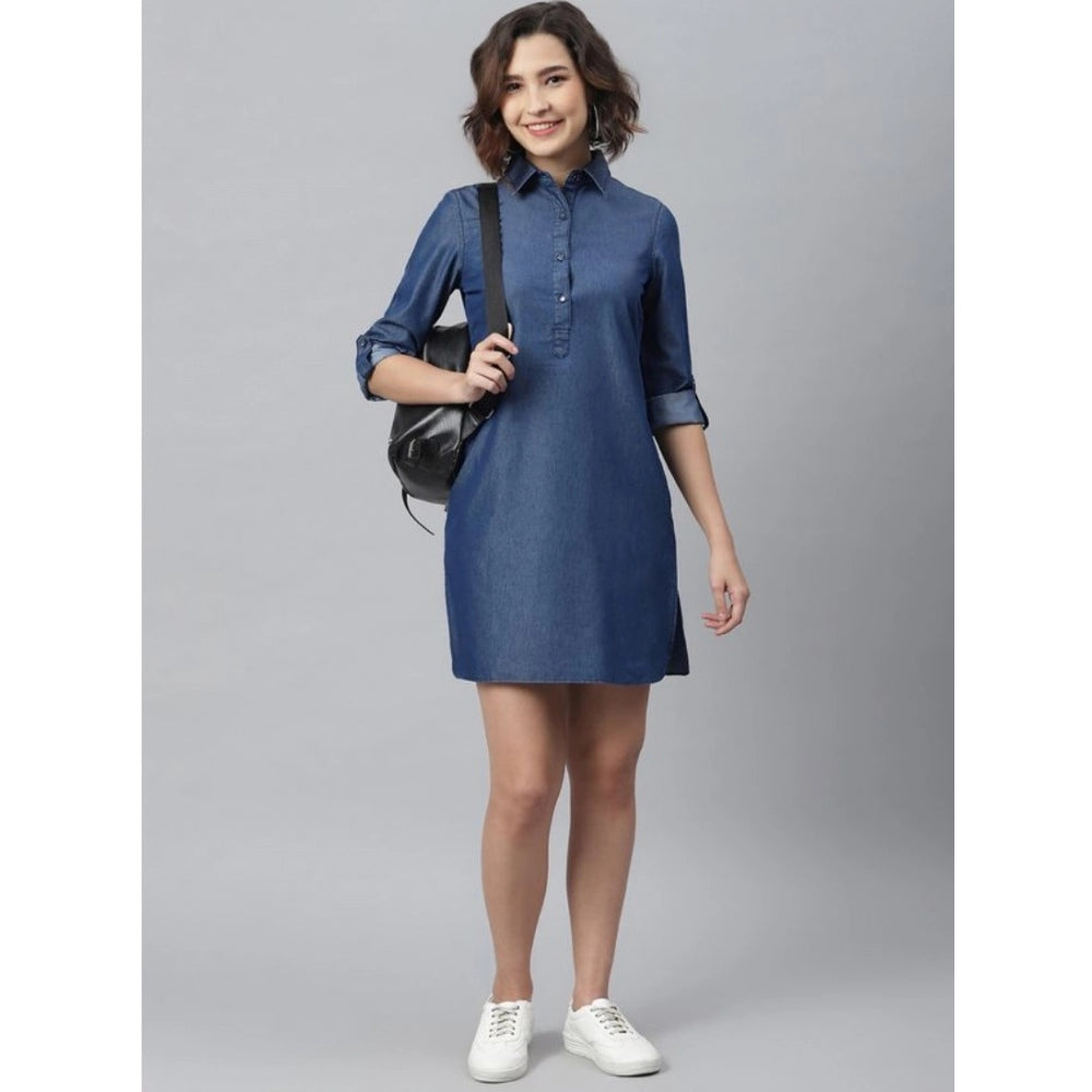 Vaystra Denim Solid Long Sleeves Above Knee Dress – Navy Blue