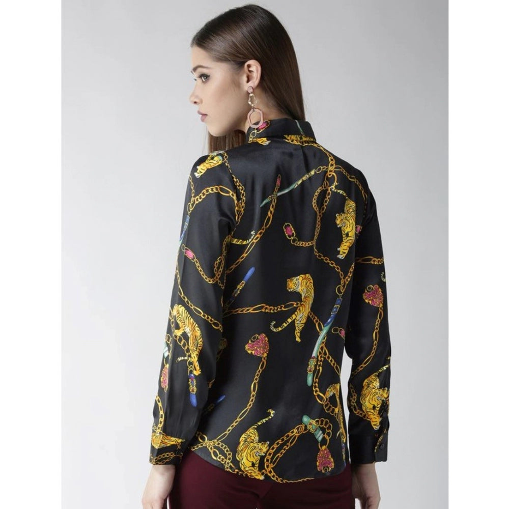 Vaystra Satin Printed Long Sleeves Standard Length Shirt – Black & Gold