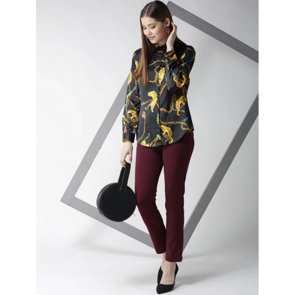 Vaystra Satin Printed Long Sleeves Standard Length Shirt – Black & Gold