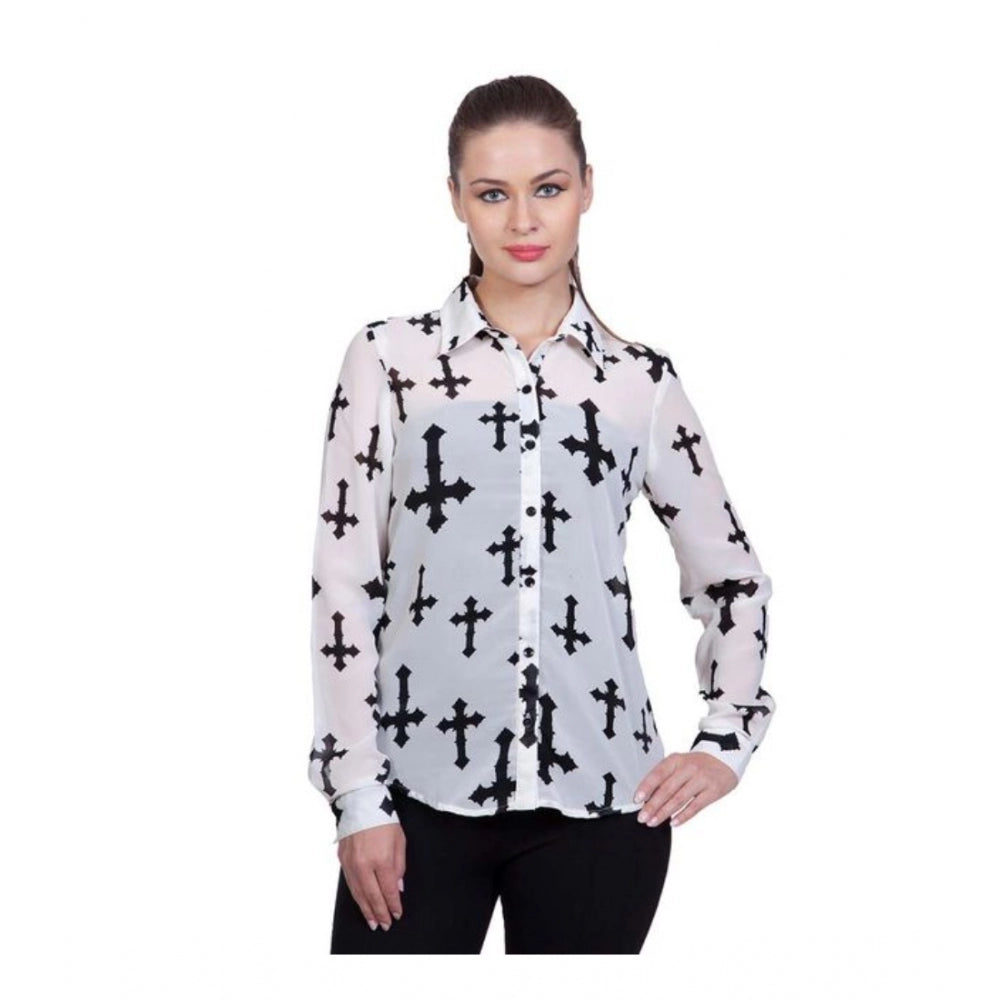 Vaystra Polyester Printed Long Sleeves Standard Length Shirt – White