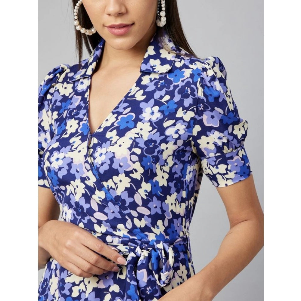 Vaystra Polyester Floral Short Sleeve Above Knee Dress – Blue & Purple