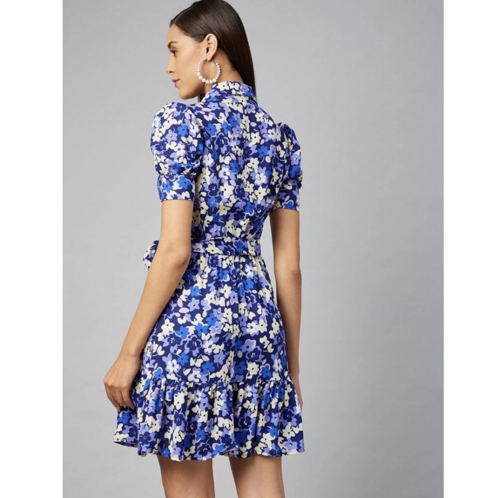 Vaystra Polyester Floral Short Sleeve Above Knee Dress – Blue & Purple