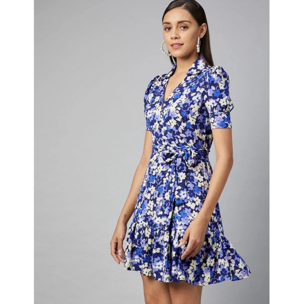 Vaystra Polyester Floral Short Sleeve Above Knee Dress – Blue & Purple