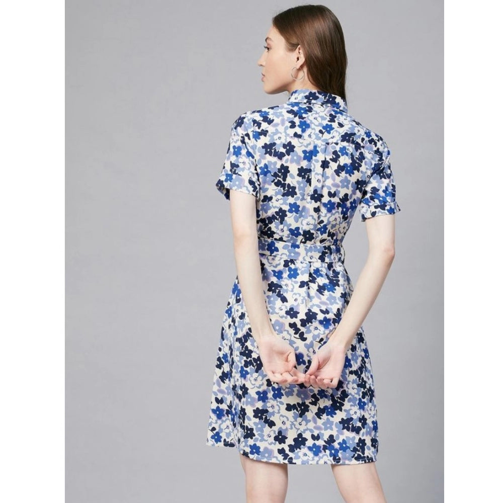 Vaystra Polyester Floral Short Sleeve Above Knee Dress – Blue & White