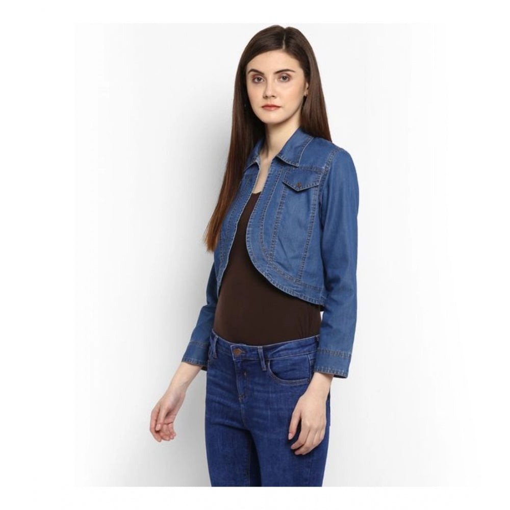 Vaystra Denim Solid 3-4th Sleeves Shrug – Blue
