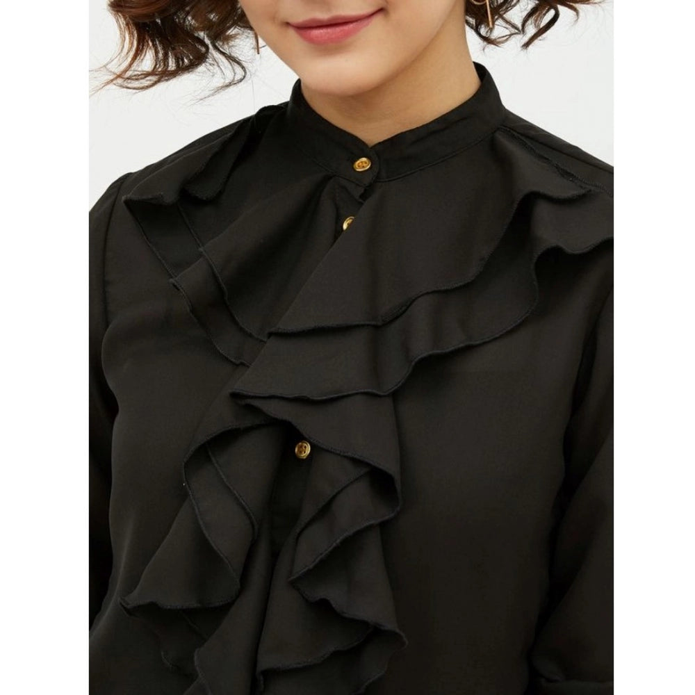 Vaystra Polyester Ruffled Long Sleeves Standard Length Shirt – Black