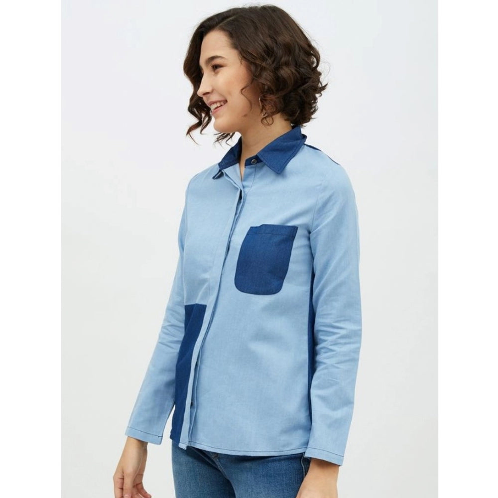 Vaystra Denim Patch Work Long Sleeves Standard Length Shirt – Blue