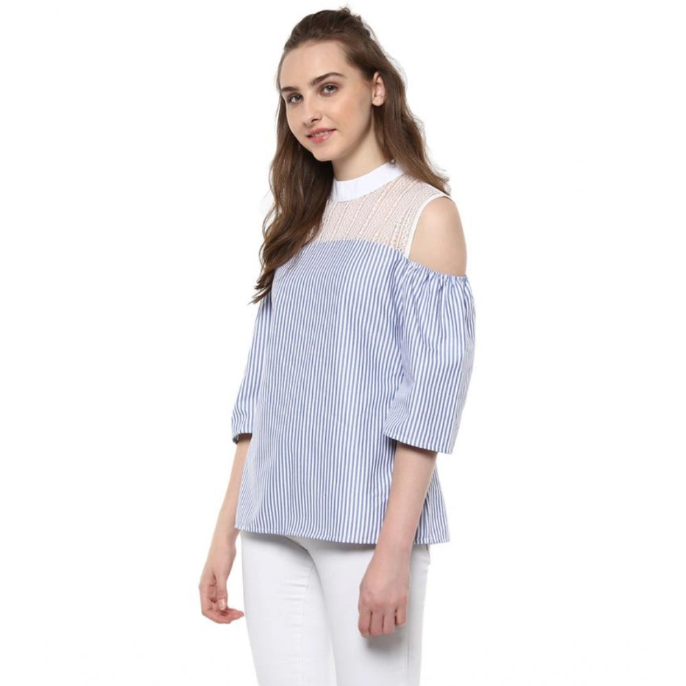 Vaystra Cotton Striped Cold Shoulder Top – Blue