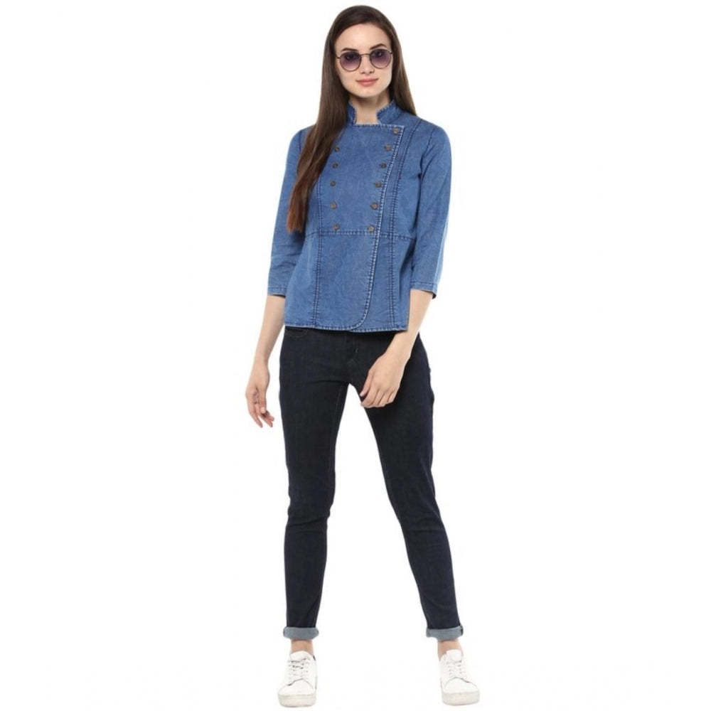 Vaystra Denim Solid 3-4th Sleeves Regular Top – Blue