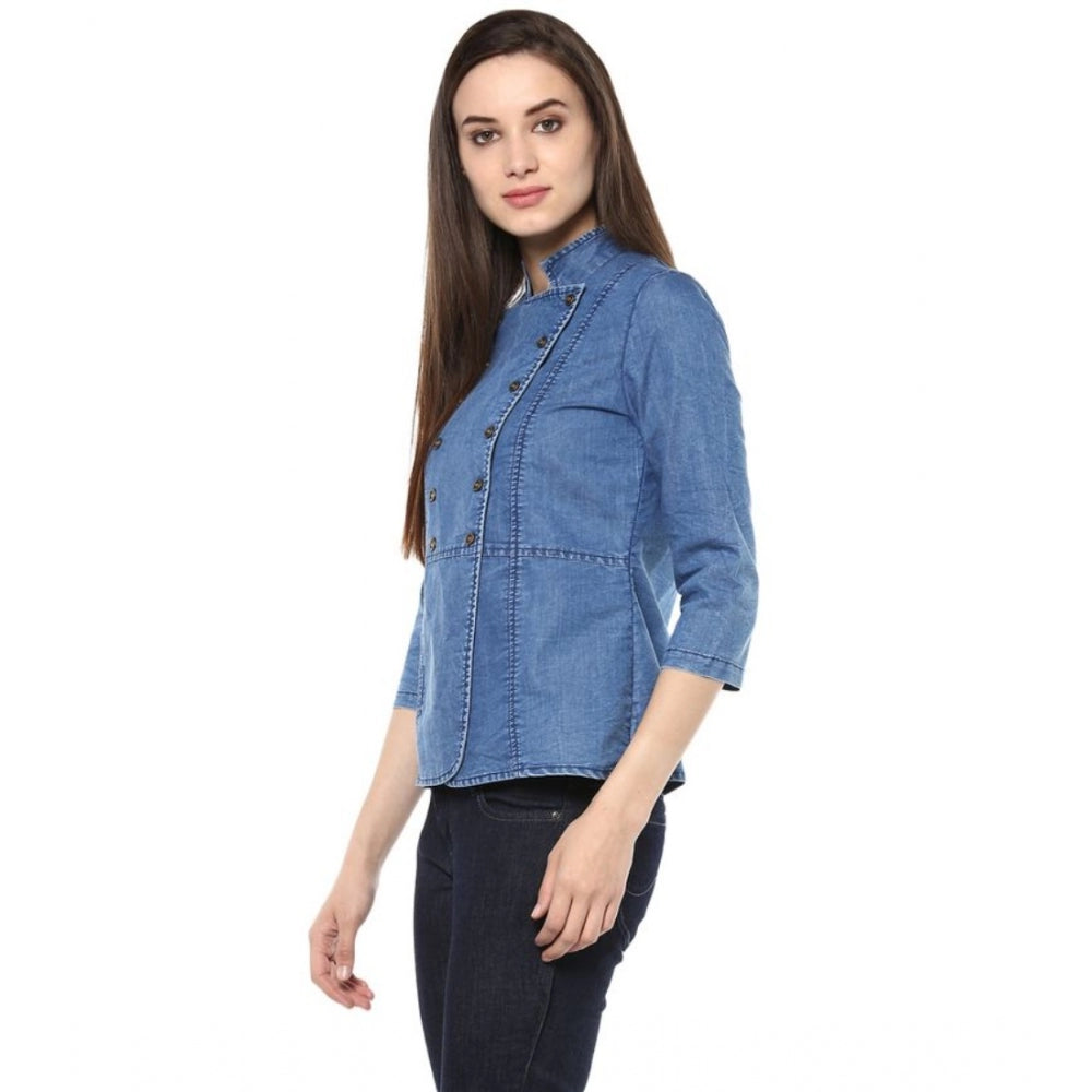 Vaystra Denim Solid 3-4th Sleeves Regular Top – Blue
