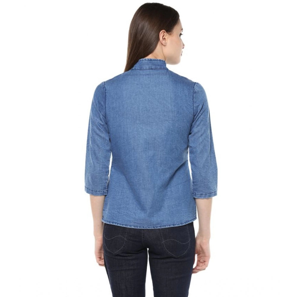 Vaystra Denim Solid 3-4th Sleeves Regular Top – Blue
