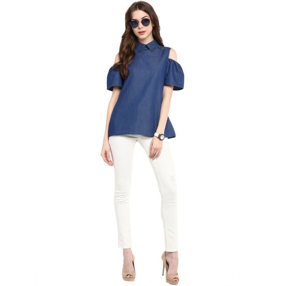 Vaystra Denim Solid Cold Shoulder Regular Top – Blue