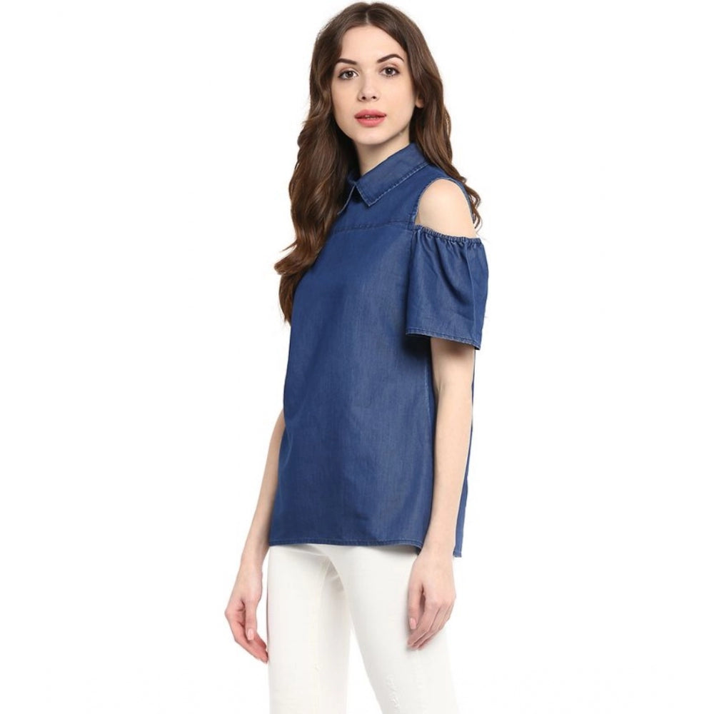 Vaystra Denim Solid Cold Shoulder Regular Top – Blue