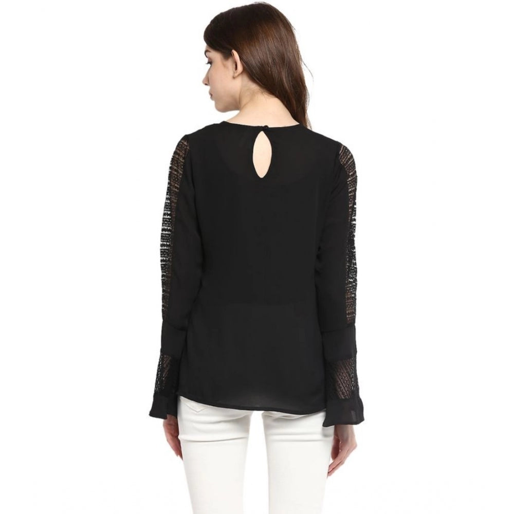 Vaystra Polyester Georgette Self Design Bell Sleeve Regular Top – Black
