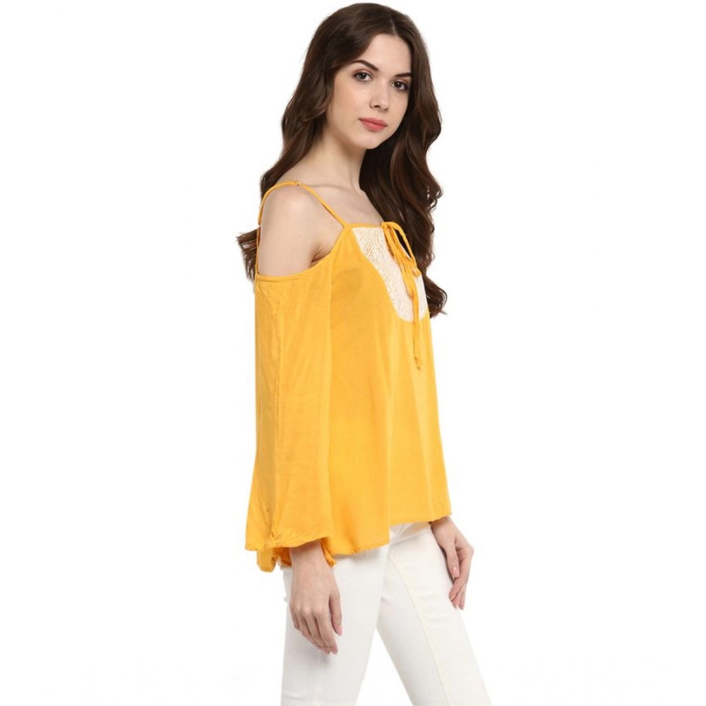 Vaystra Rayon Embellished Cold Shoulder Regular Top – Mustard Yellow