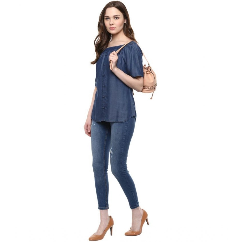 Vaystra Denim Solid Short Sleeve Regular Top – Blue