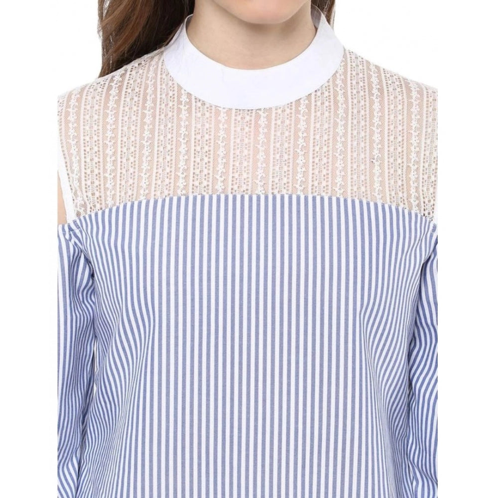 Vaystra Cotton Striped Cold Shoulder Top – Blue