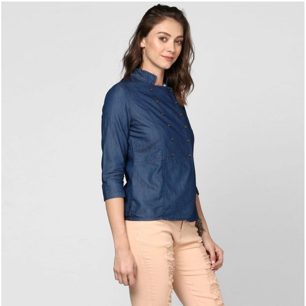 Vaystra Denim Solid 3-4th Sleeves Top – Blue