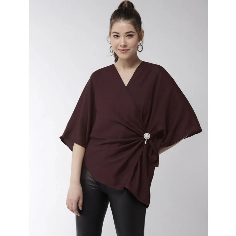 Vaystra Polyester Solid Cape Sleeve Top – Maroon