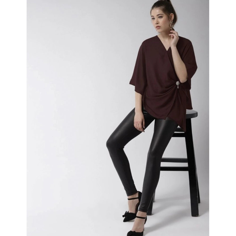 Vaystra Polyester Solid Cape Sleeve Top – Maroon