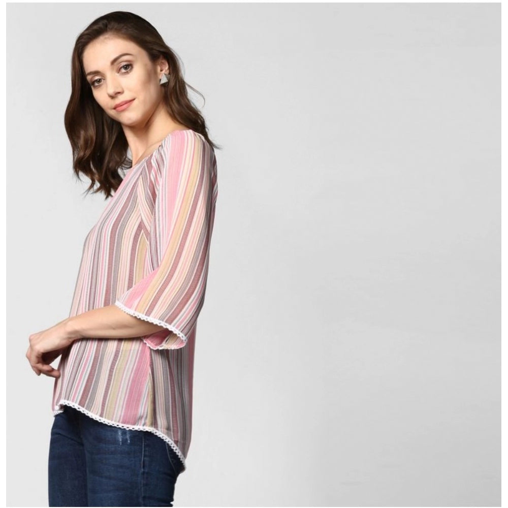 Vaystra Polyester Striped 3-4th Sleeves Top – Pink