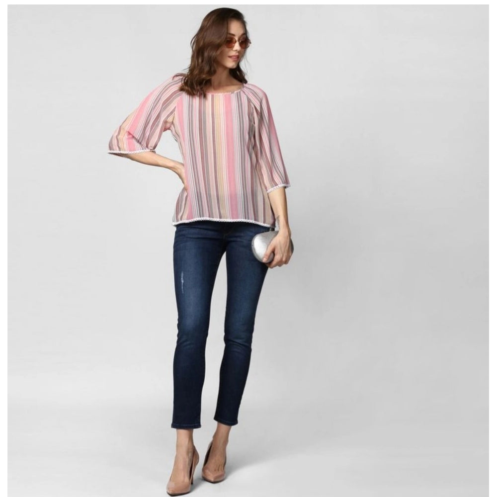 Vaystra Polyester Striped 3-4th Sleeves Top – Pink
