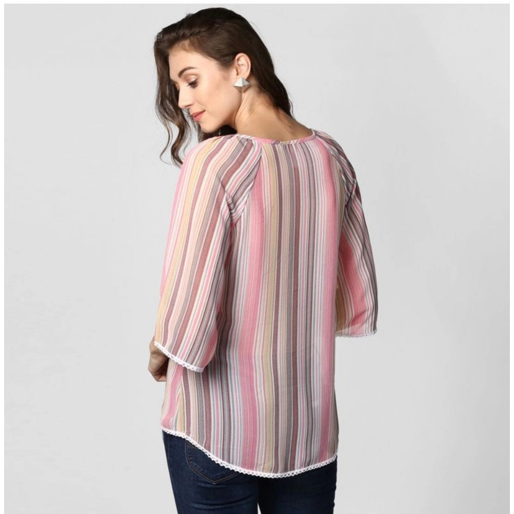 Vaystra Polyester Striped 3-4th Sleeves Top – Pink
