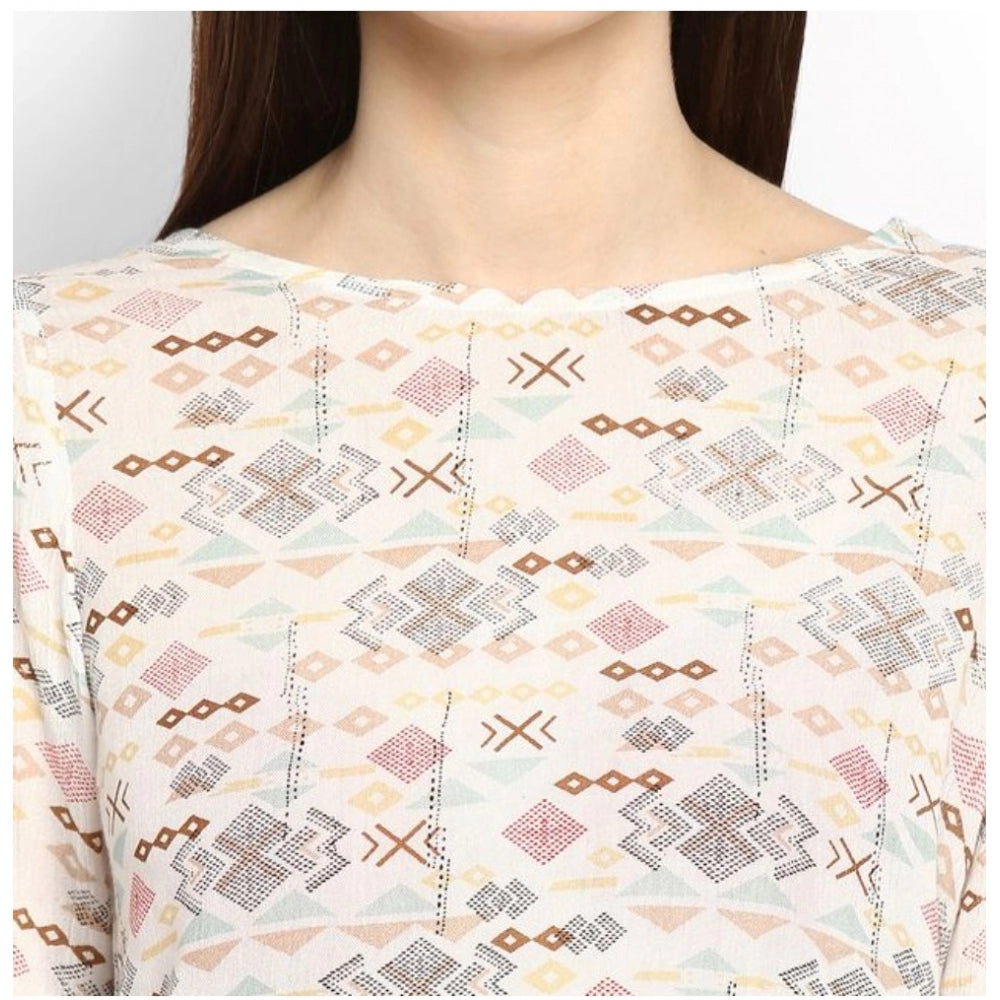 Vaystra Rayon Crepe Printed Ruffle Sleeve Top – Off White & Red