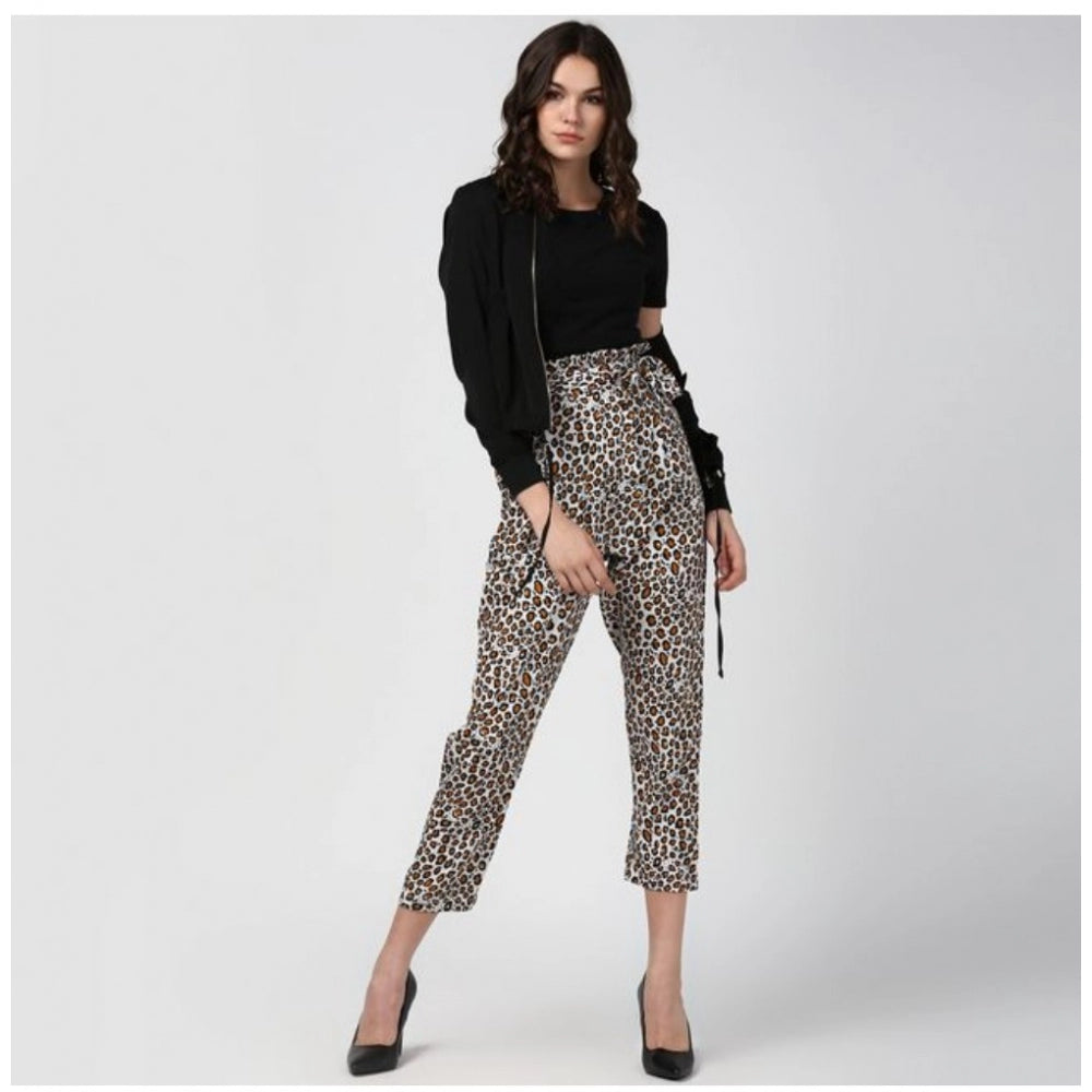Vaystra Polyester Animal Print Elasticated Trousers – White & Yellow