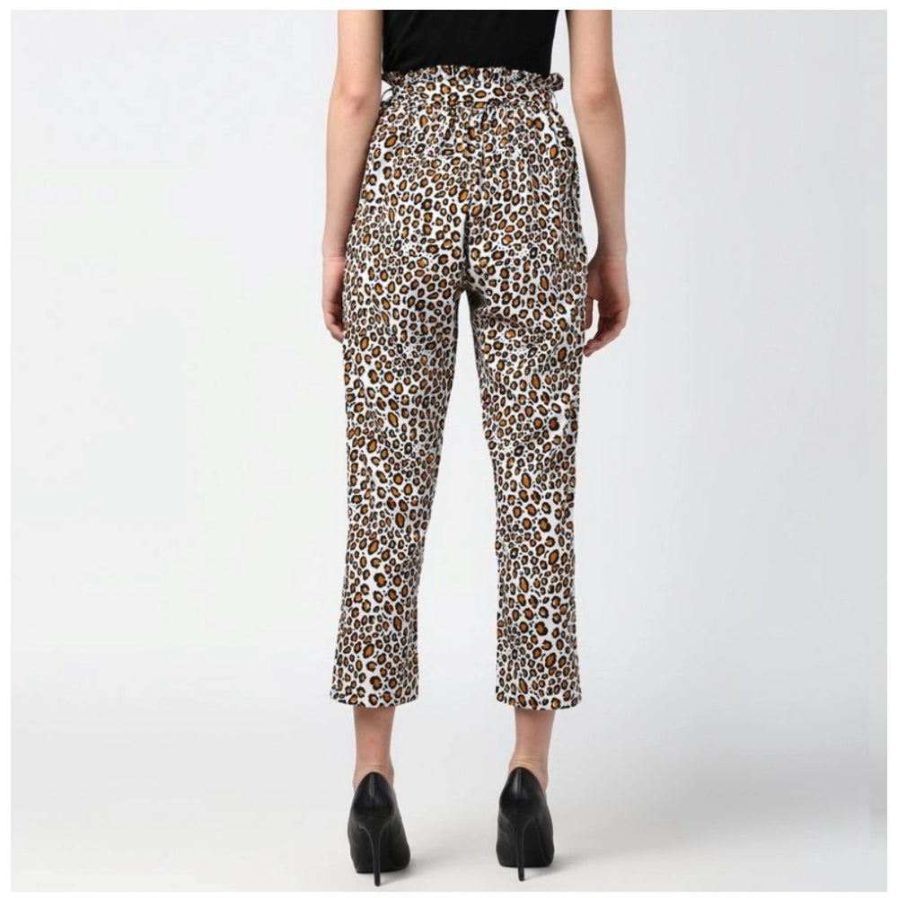 Vaystra Polyester Animal Print Elasticated Trousers – White & Yellow