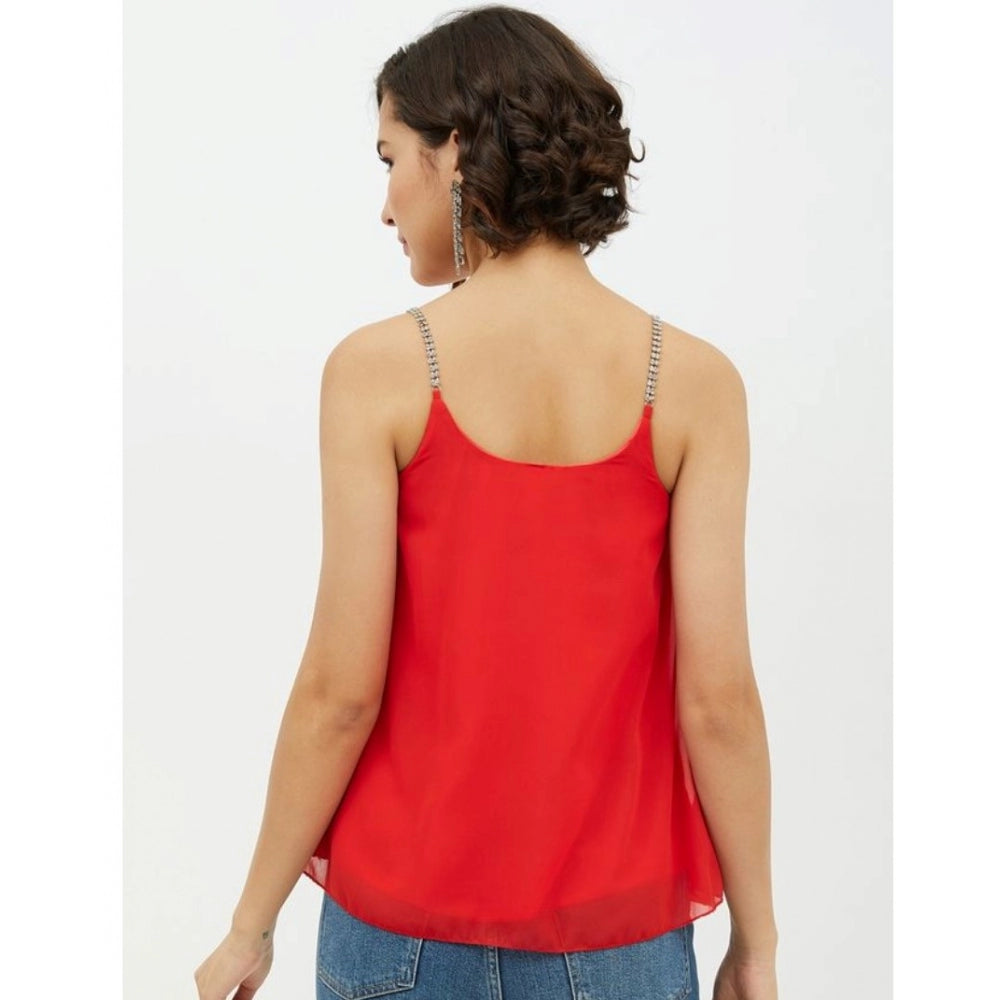 Vaystra Polyester Embellished Shoulder Straps Top – Red