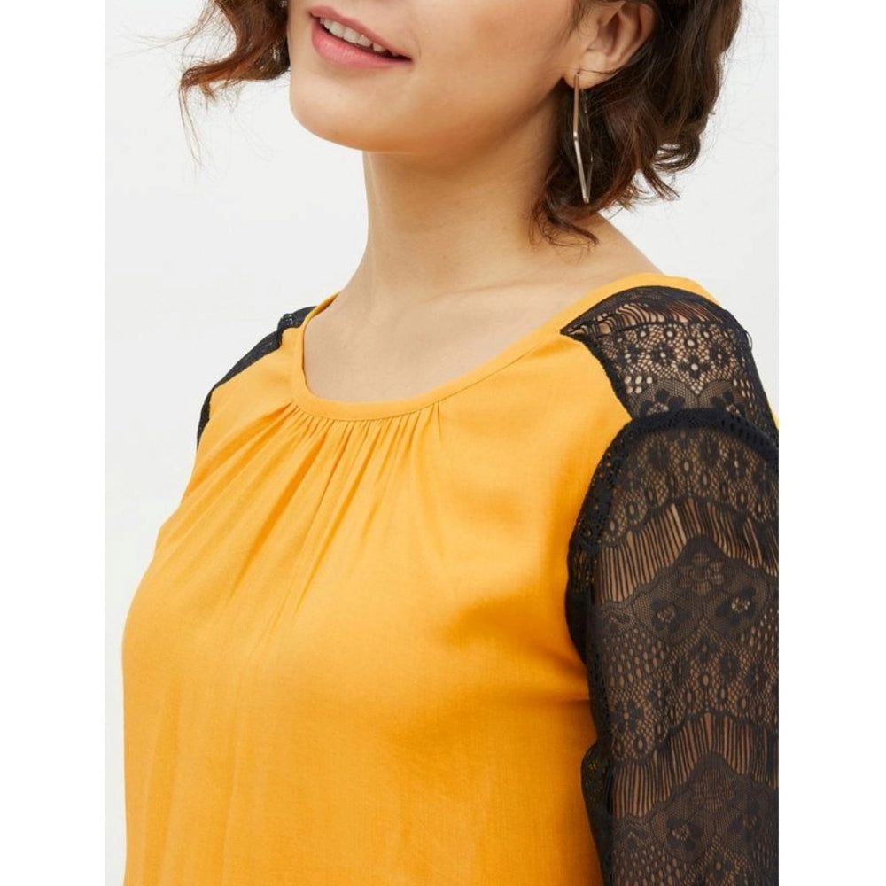 Vaystra Rayon Lace Inserts Long Sleeves Top – Yellow