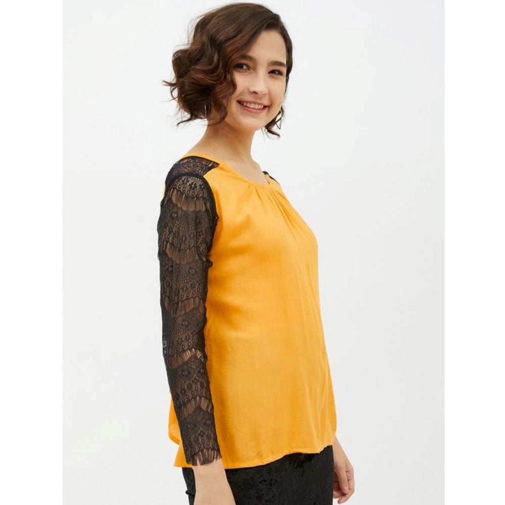 Vaystra Rayon Lace Inserts Long Sleeves Top – Yellow