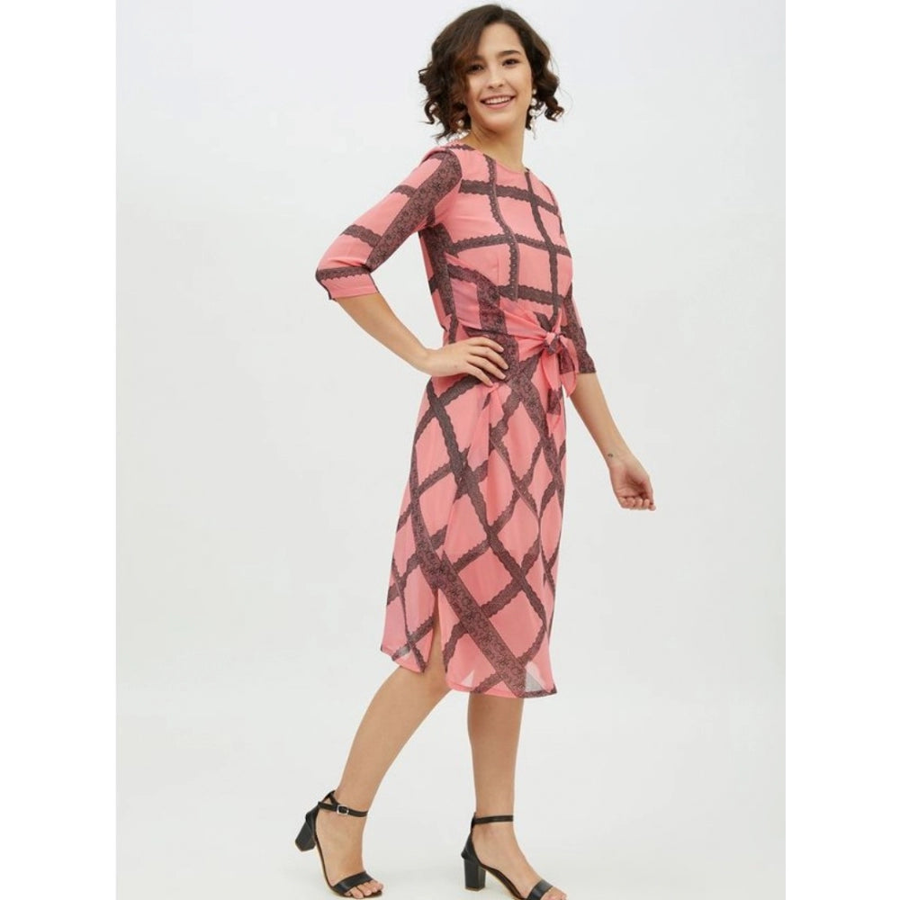 Vaystra Polyester Checkered 3-4th Sleeves Below Knee Dress – Pink