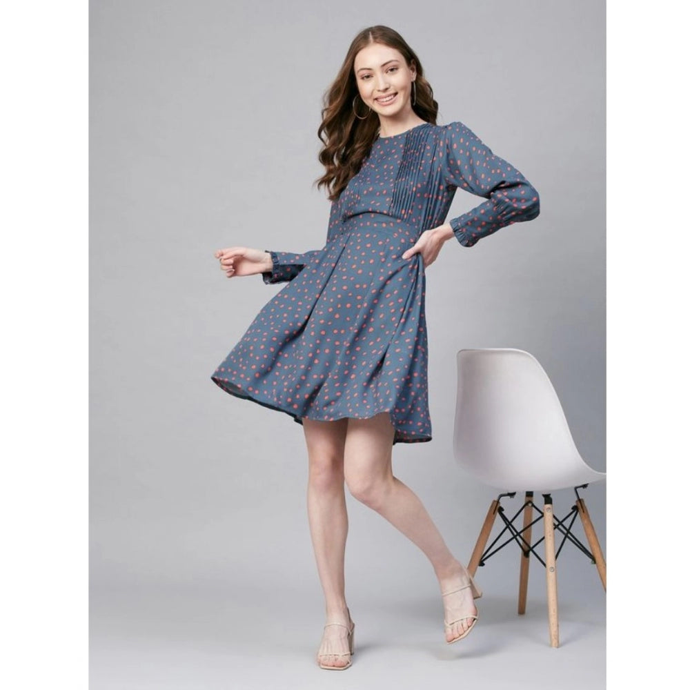 Vaystra Polyester Polka Long Sleeves Above Knee Dress – Grey & Coral