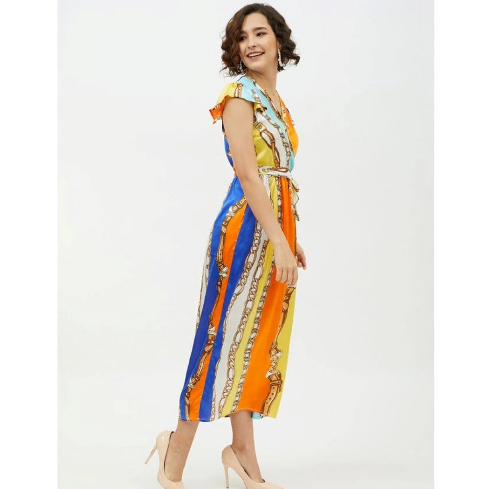 Vaystra Satin Chain Print Cap Sleeve Calf-length Dress – Multicolor