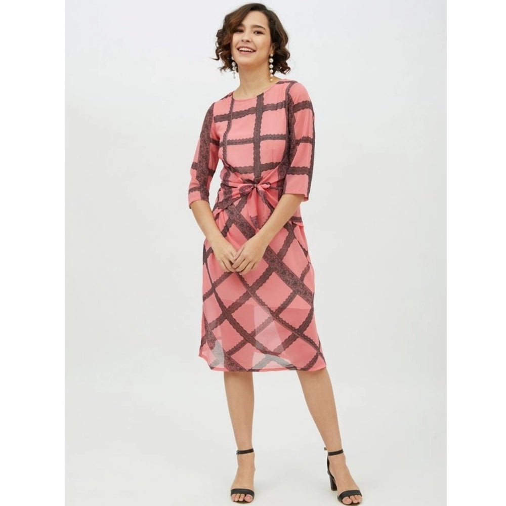 Vaystra Polyester Checkered 3-4th Sleeves Below Knee Dress – Pink