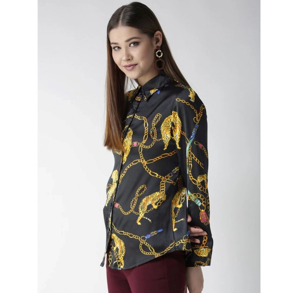 Vaystra Satin Printed Long Sleeves Standard Length Shirt – Black & Gold