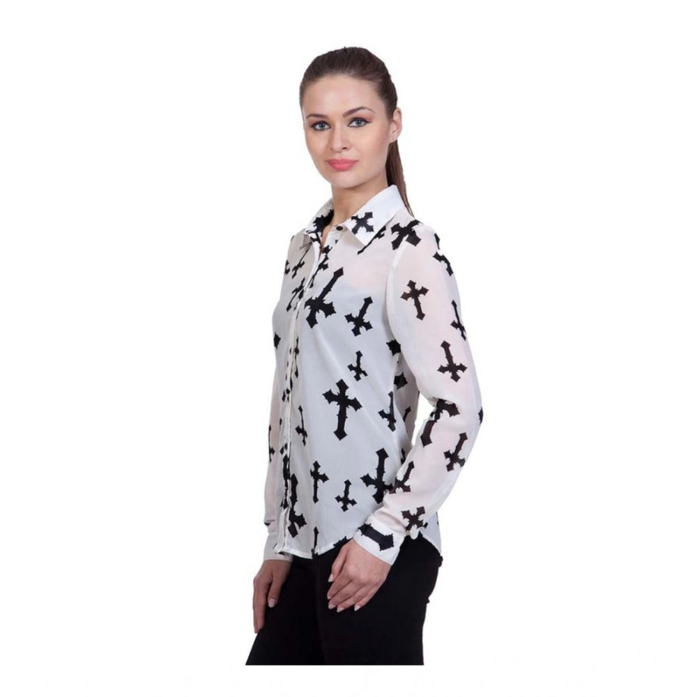 Vaystra Polyester Printed Long Sleeves Standard Length Shirt – White